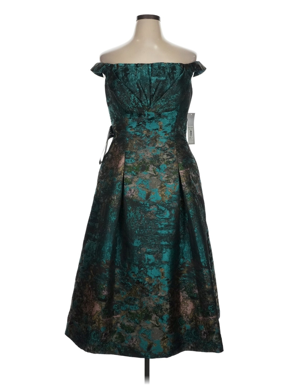Kay Unger Off-Shoulder Teal and Black Jacquard Dress 16 NWT